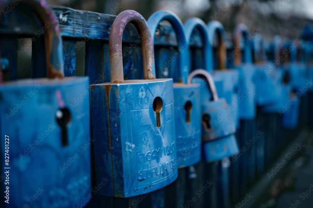 Poster row of blue padlocks, symbolizing the concept of security and protection in both physical and digita