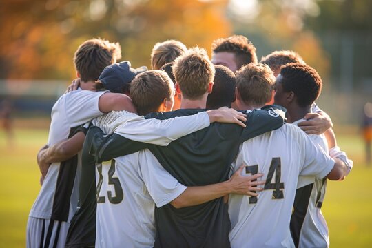 The image shows a group of soccer players celebrating a successful play. They are huddled together, with some holding onto each other in a tight embrace, indicating camaraderie and team spirit.