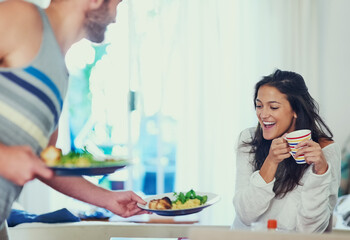 Breakfast, home and couple with food serving, happy and love together with marriage at table....