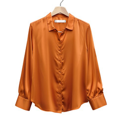 Front view of a silk women's blouse on a wooden hanger isolated on a white transparent background