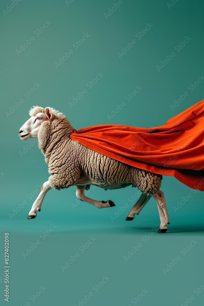 Aufkleber superhero sheep in flight on pastel gradient backdrop with ample space for text placement