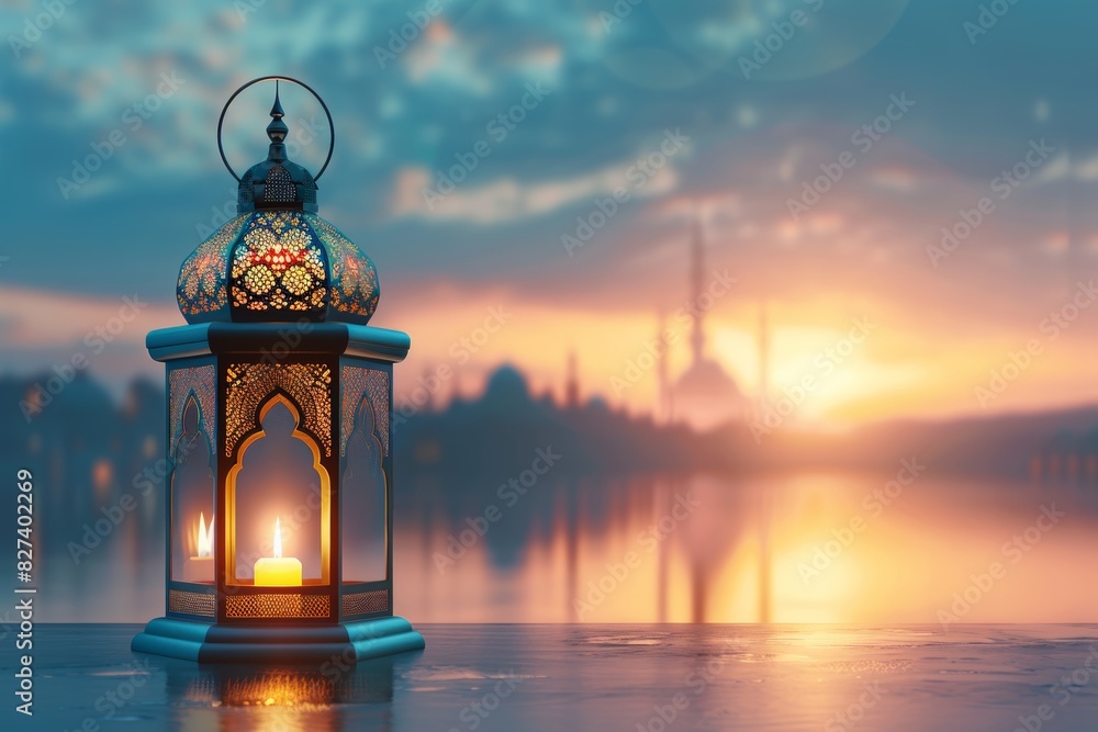 Aufkleber Arabesque lantern casting a warm and inviting glow on a table with a mystical blurred background