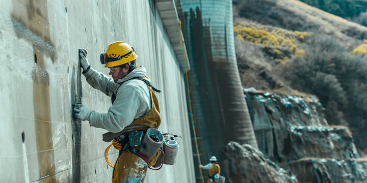 A construction worker is attached to a safety harness while inspecting or repairing a dam wall