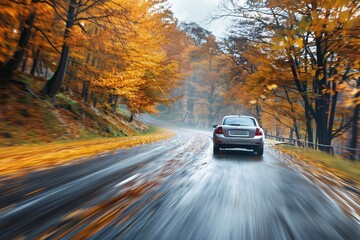 Obraz premium Autumnal Scenic Drive: A Car Cruising Through a Tree-Lined Road Surrounded by Vibrant Fall Colors