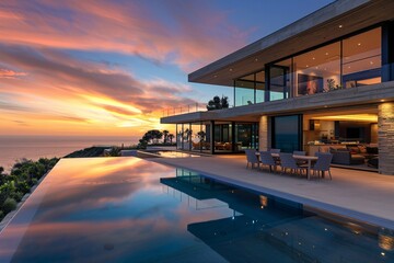 Fototapeta premium Modern Coastal Estate Overlooking the Ocean at Sunset