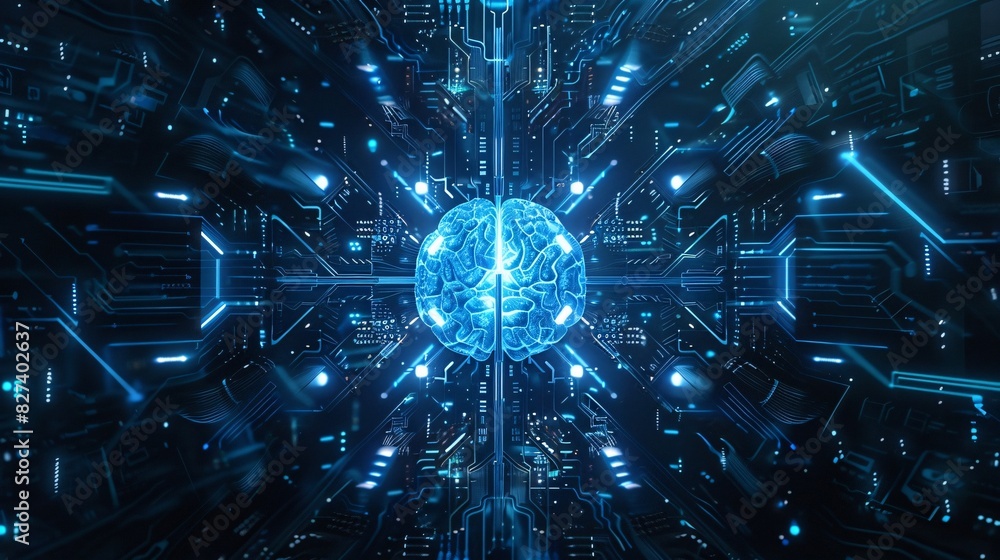 Poster high-tech abstract art with digital circuit patterns and blue neural centerpiece