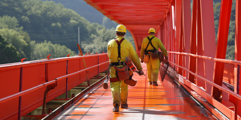 Two construction workers in yellow helmets are walking across a red bridge scaffold