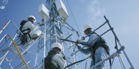 Three technicians in helmets are working on a cell tower against a blue sky background
