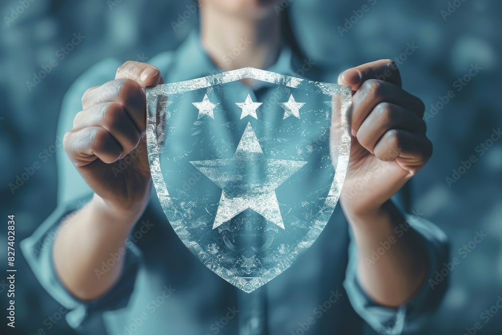 Poster man holding a translucent digital shield with stars, symbolizing protection and cybersecurity in a h