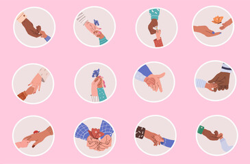 Sticker pack of adult man's hand, woman reaching for child's hand, holding child's hand.