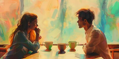 Morning Coffee: A couple sitting at a table with pastel-colored coffee cups, enjoying a quiet moment together as they start their day