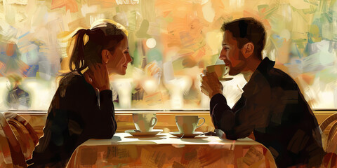 Morning Coffee: A couple sitting at a table with pastel-colored coffee cups, enjoying a quiet moment together as they start their day