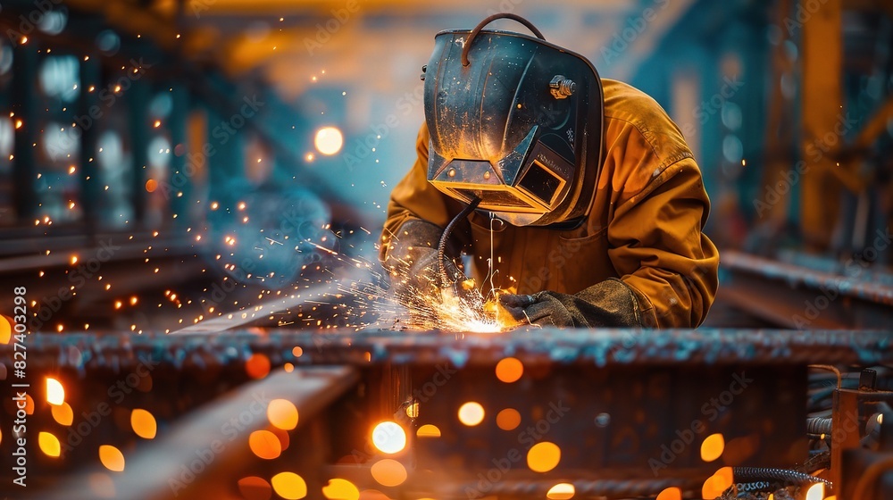 Wall mural close-up of a skilled welder in protective gear welding steel beams together at a construction site