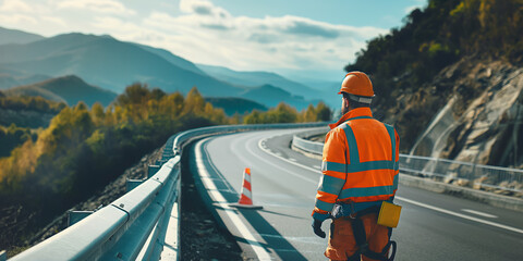 Worker in high-visibility gear gazes over a picturesque mountainous highway, exemplifying roadway safety