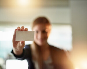 Office, paper and woman with business card in hand for company, contact information and...