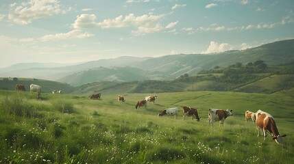Serene Pastoral Scene: Tranquil Cows Grazing in Peaceful Meadows Under Soft Sunlight - Idyllic Countryside Harmony Captured in a Perfect Moment