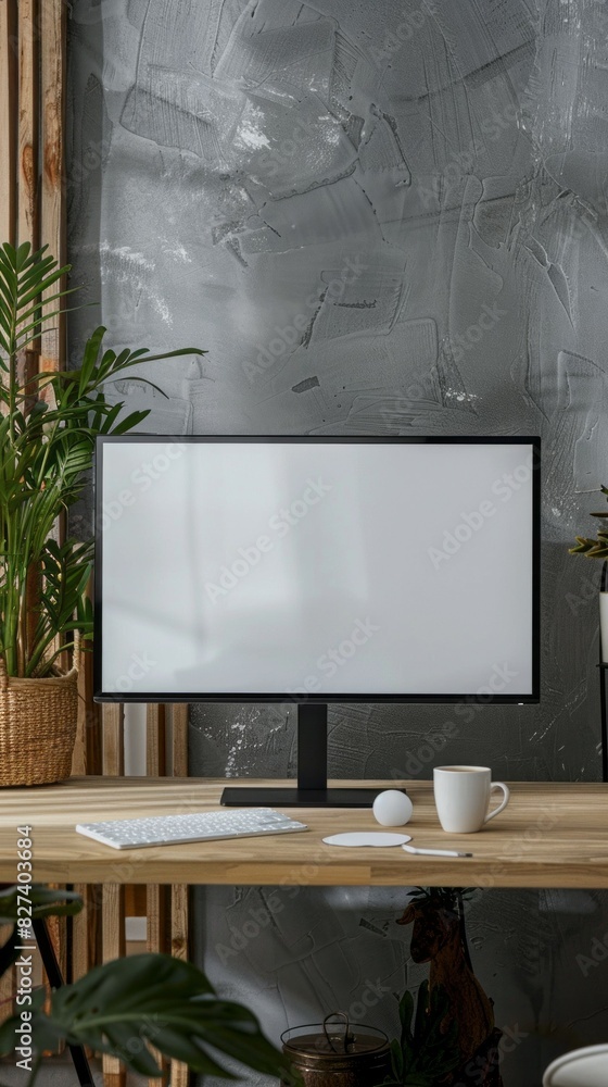 Poster A computer monitor sits on a desk in front of a wall