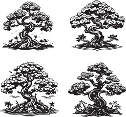 Bonsai Tree Vector Illustration Set