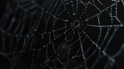 close-up of a glistening spider web with water drops on a black background