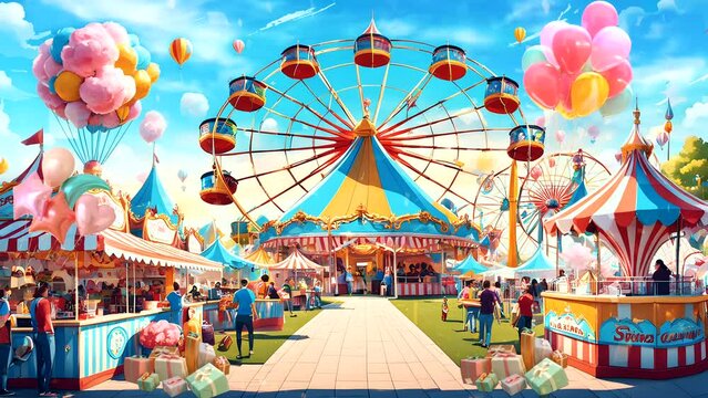 Vibrant carnival scene during the day with colorful attractions seamless animation loop 4K