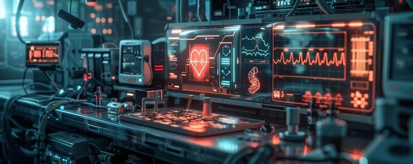 A futuristic medical device with a holographic display showing heartbeats