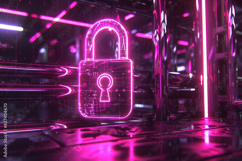 Poster digital padlock in a glowing neon environment, symbolizing cybersecurity and data protection in a fu