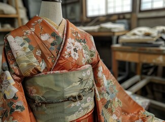 Kimono with orange and green floral pattern and green obi with white and gold pattern