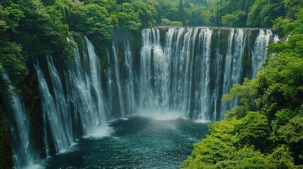 Naklejka premium A mesmerizing shot of a cascading waterfall surrounded by dense foliage, captured in striking 8K resolution. 