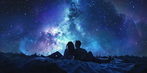 Stargazing: A couple lying on a blanket under the stars, with pastel hues of the night sky creating a dreamy backdrop for their moment together