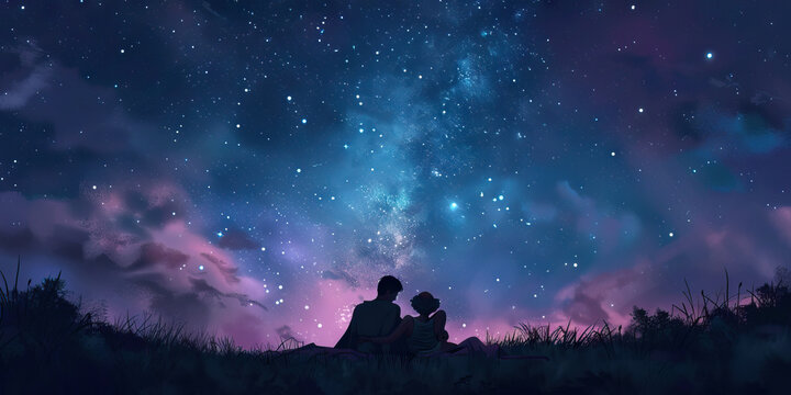 Stargazing: A couple lying on a blanket under the stars, with pastel hues of the night sky creating a dreamy backdrop for their moment together
