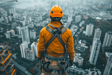construction worker on a construction site: construction worker in an orange jacket and helmet stands on a skyscraper overlooking the city