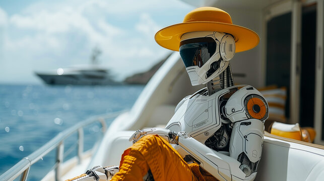 robot in a yellow hat resting on a yacht