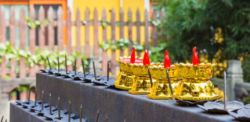 Panorama of golden candles at the Lingyin Temple in Hangzhou, China