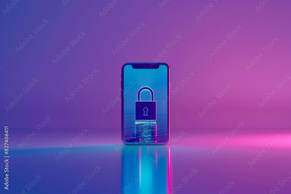 Poster Digital illustration of a locked smartphone in a purple and blue gradient setting, representing mobile security and data protection in a modern environment