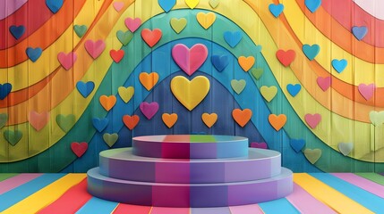 Podium with a background filled with colorful rainbow patterns and LGBTQ+ symbols for Pride Month