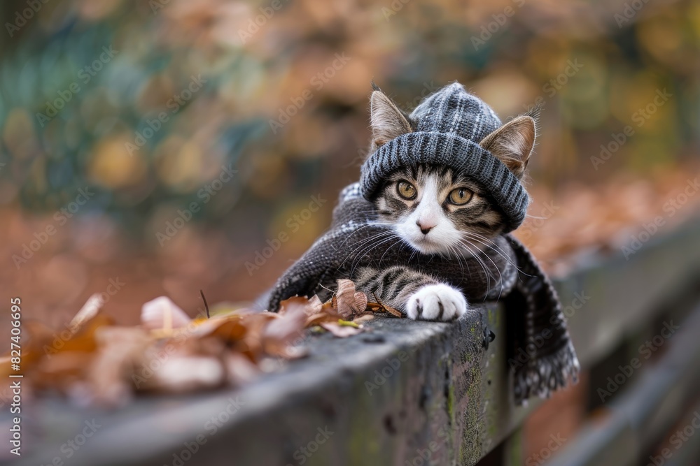 Poster charming cat in hat and scarf in autumn scene, ideal for text placement and creating cozy vibes