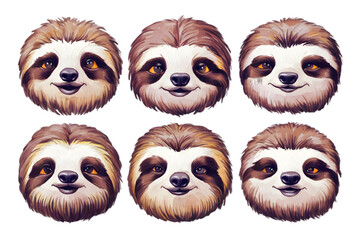 Fototapeta premium A Set of Sloth Faces, Each Face Different and Fun-loving: Collection of Cartoon-style Sloth Face Illustrations, Perfect for Humorous Designs, Animal-themed Graphics, and Playful Artworks