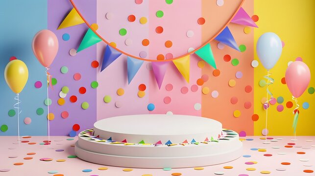 White podium with a celebratory Pride Month LGBTQ+ backdrop featuring colorful flags and festive rainbow elements
