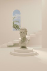 A finely crafted bust of a man, sculpted with intricate detail, sits atop a pristine white pedestal. The man's stoic expression and lifelike features are highlighted by the smooth surface of pedestel