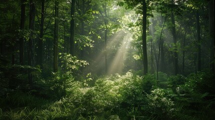 Image of a woodland setting with verdant trees and sunlight peeking through the foliage