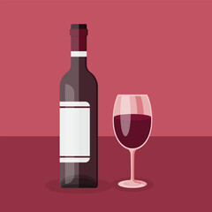 Wine bottle with glass icon in flat style. Alcohol drink vector illustration on isolated background. Champagne beverage sign business concept.