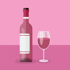 Wine bottle with glass icon in flat style. Alcohol drink vector illustration on isolated background. Champagne beverage sign business concept.