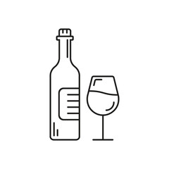 Wine bottle with glass icon in flat style. Alcohol drink vector illustration on isolated background. Champagne beverage sign business concept.