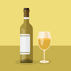 Wine bottle with glass icon in flat style. Alcohol drink vector illustration on isolated background. Champagne beverage sign business concept.