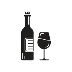 Wine bottle with glass icon in flat style. Alcohol drink vector illustration on isolated background. Champagne beverage sign business concept.