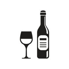 Wine bottle with glass icon in flat style. Alcohol drink vector illustration on isolated background. Champagne beverage sign business concept.