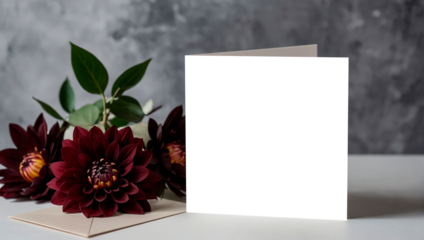 Square white blank card with burgundy dahlia flowers