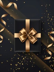 Black and Gold Gift box for the Black Friday sale background top view with gold ribbon and copy space