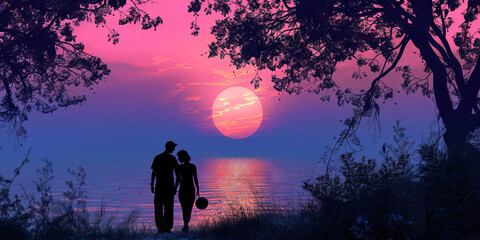 Sunset Silhouette: A couple silhouetted against a pastel-colored sunset, embracing or walking hand in hand, symbolizing their love and connection