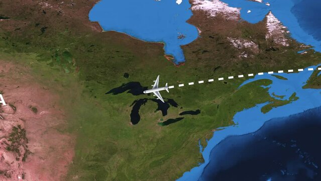 International flight travel route from Paris to San Francisco on worlds map in 4K